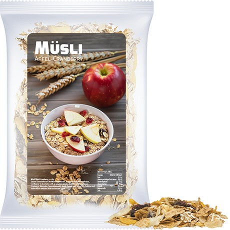 Müsli Apfel-Cranberry, ca. 60g, Express Maxi-Tüte mit Etikett