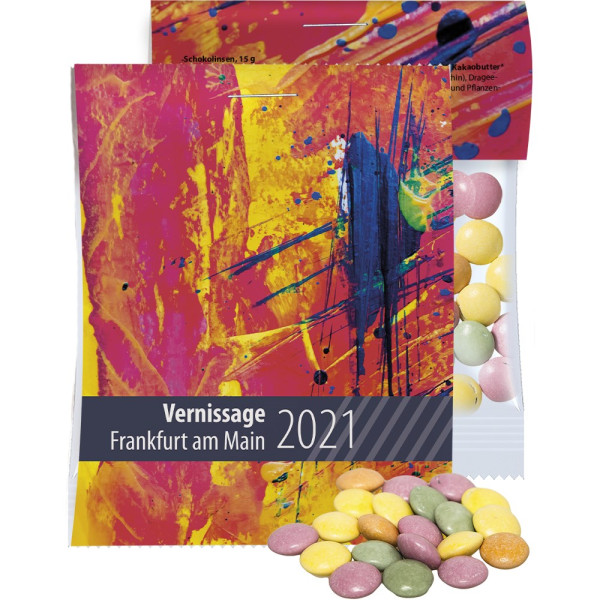 Bunte Schokolinsen, ca. 15g, Express Midi-Tüte mit Werbereiter