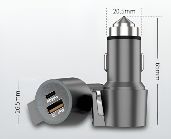 USB Car Charger mit integriertem Gurtschneider und Notfallhammer