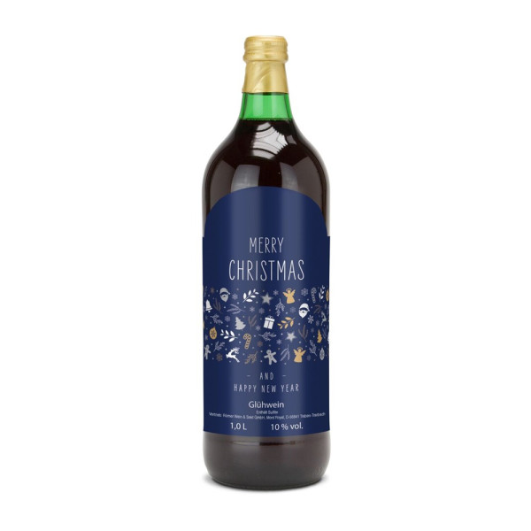 Glühwein - Flasche grün, mit Schraubverschluss, 1 l - Motiv: Merry Christmas (blau)