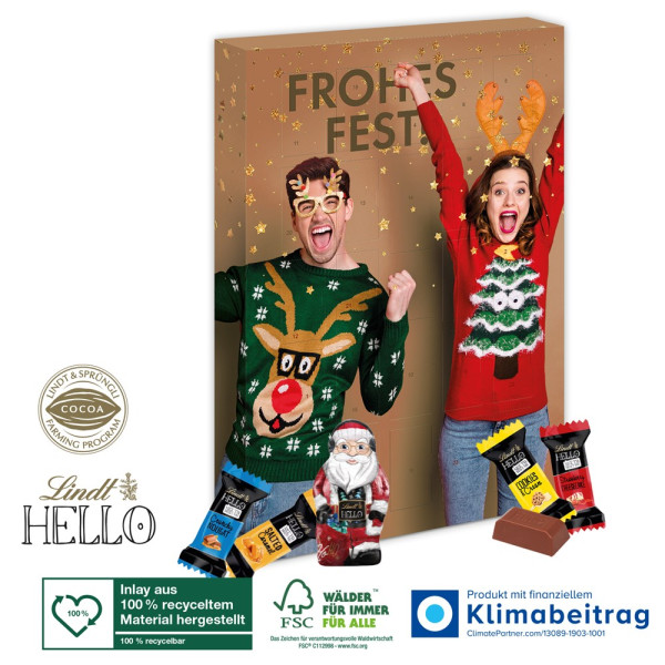 Adventskalender Lindt „HELLO“ Mini Stick Mix mit Santa, Inlay aus 100% recyceltem Material