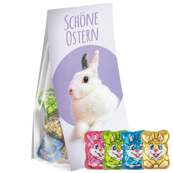 Schoko-Hasen Mix, ca. 36g, Express Blockbodenbeutel mit Werbereiter