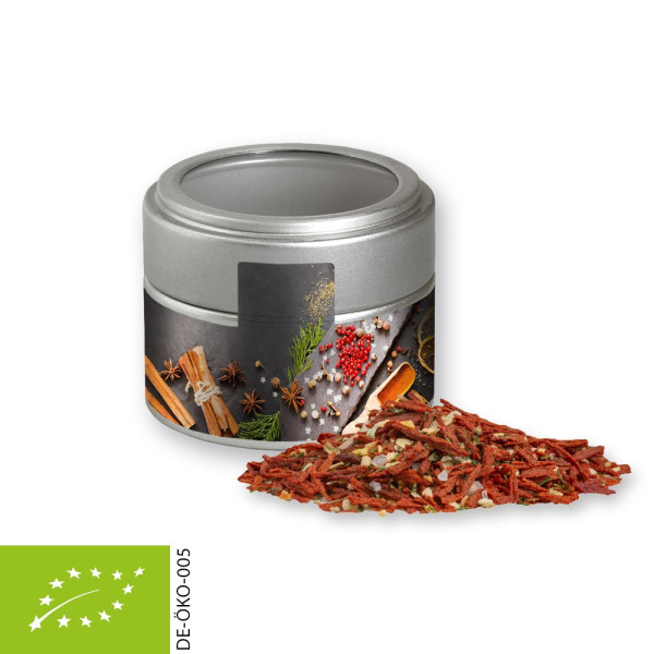 Bio Weihnachts Gewürzmischung Salat, ca. 50g, Metalldose Mini mit Sichtfenster silber