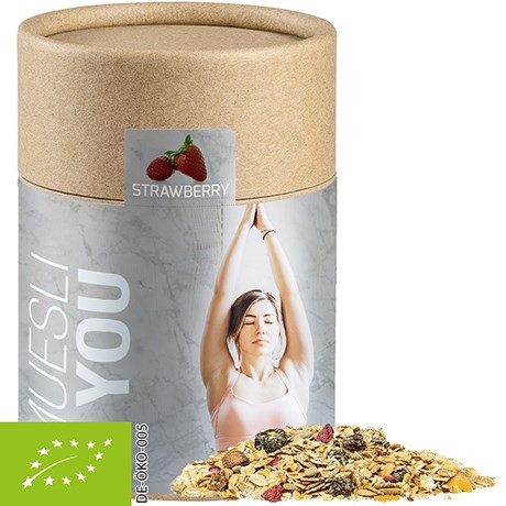 Bio Müsli Erdbeerchen, ca. 60g, Biologisch abbaubare Eco Pappdose Midi