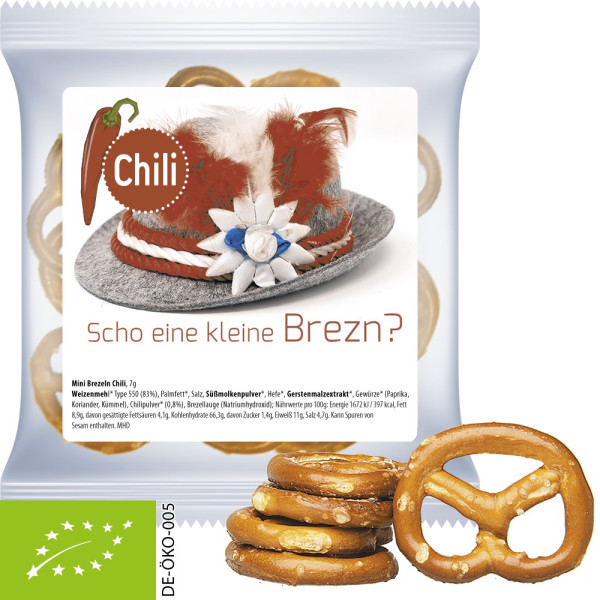 Bio Mini Brezeln Chili, ca. 7g, Express Maxi-Tüte mit Etikett