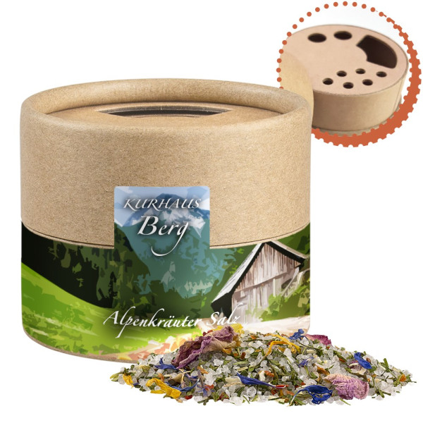 Alpenkräuter Salz, ca. 50g, Biologisch abbaubarer Eco Pappstreuer Mini