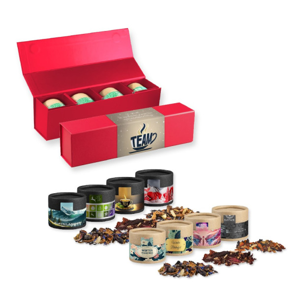 Verschiedene Weihnachts Teesorten, , ca. 80-120g, Geschenk-Set Premium rot mit Magnetverschluss und 