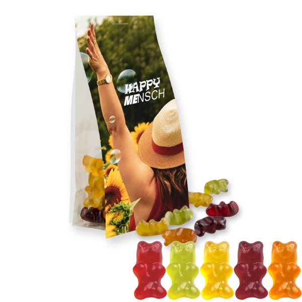 Gummibärchen ohne Gelatine, ca. 40g, Express Blockbodenbeutel mit Werbereiter