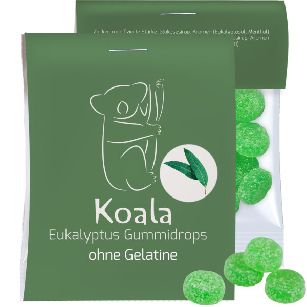 Eukalyptus Menthol Fruchtgummi ohne Gelatine, ca. 15g, Express Midi-Tüte mit Werbereiter