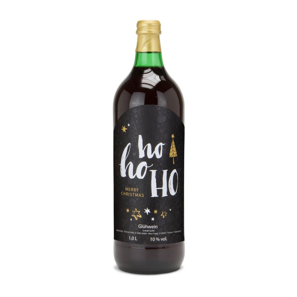 Glühwein - Flasche grün, mit Schraubverschluss, 1 l - Motiv: HOHOHO