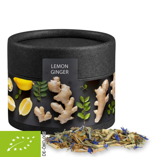 Bio Kräutertee Lemon Ingwer, ca. 12g, Biologisch abbaubare Eco Pappdose Mini schwarz