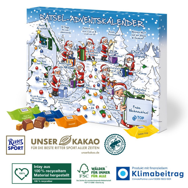 Adventskalender mit Ritter SPORT Schokowürfel, Inlay aus 100% recyceltem Material