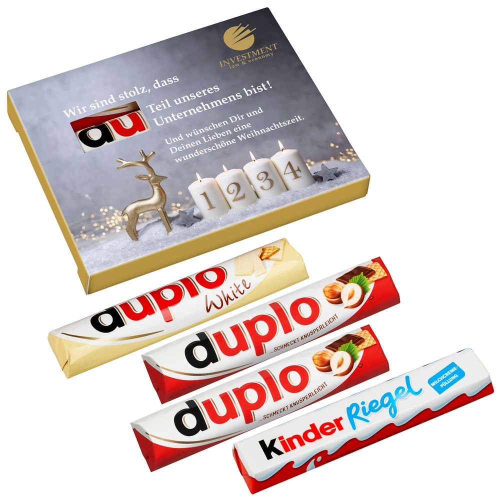 4er Advents- Duplo-Pack , 2x Duplo klassisch, 1x Duplo weiß
und 1x Kinder Riegel